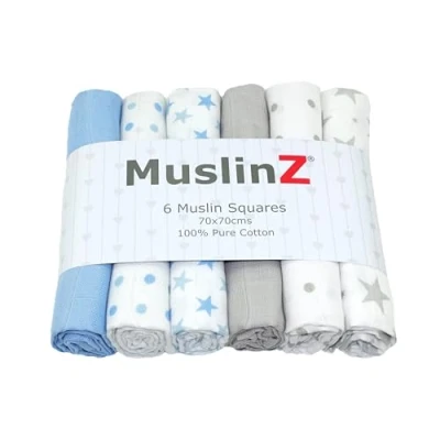 Image de MuslinZ Lot de 6 carrés en mousseline pour bébé Bavoir Essentiel multi usage Doux et absorbant 100 % coton 70 x cm Mélange bleu vif