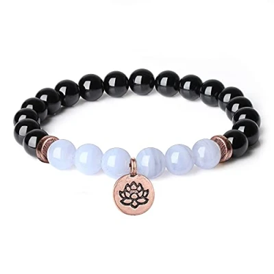 Image de COAI Bracelet Tourmaline Noire Femme, Calcédoine Bleue, Breloque Or Rose, Fleur de Lotus