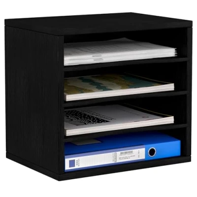 Image de EasyPAG 4 Compartiments Bois Corbeilles à Courrier A4 Banette de Rangement Bureau Porte Revue Organisateur Magazine Range Document Bannette Papier,Noir