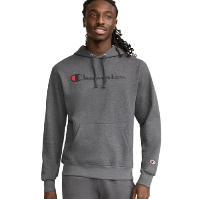 Image de Champion Capuche en Polaire Powerblend Graphique Maillot de survêtement, Script Bruyère Granite, S Homme