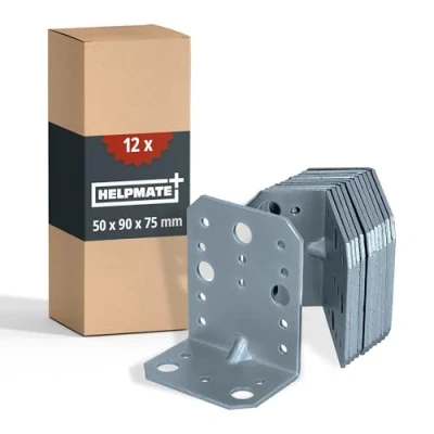 Image de HELPMATE Lot de 12 connecteurs d&#039;angle avec nervure 50 x 90 75 mm, galvanisé, passivé bleu, connecteur en bois, argenté