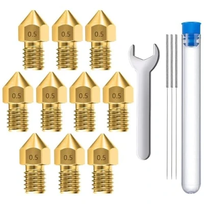 Image de MMOBIEL 10 pièces MK8 en laiton de 0,5 mm pour imprimante 3D, extrudeuse compatible avec les séries Creality Ender 3, 5, CR 10/10S, Makerbot, Anet A8, incluant 3 aiguilles nettoyage et Clé