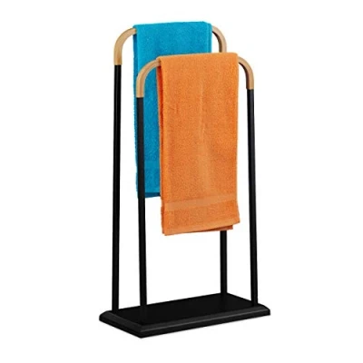 Image de Relaxdays Porte Serviettes sur Pied, Support Serviette, 2 Barres en Bambou, pour et Gants, Noir 10027609 85x45x22 cm
