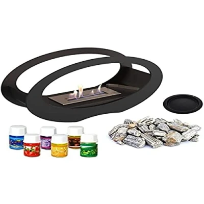 Image de KRATKI Echo Cheminée au bioéthanol + Ensemble d&#039;atomathérapie brasero de Forme Ovale sur Pied avec Galets biocontainer 0,2 l Acier Enduit Poudre Noire certifié TÜV 29 x 50 cm