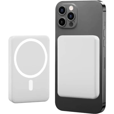 Image de Externe, 5000mAh Magnetic Powerbank Fonction de Charge Rapide, Recharge Rapide sans Fil Chargeur Portable, Compatible avec iPhone 15/14/13/12 Series (Blanc 1)