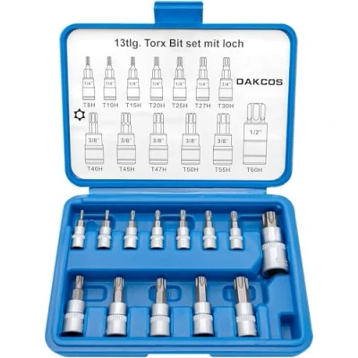 Image de DAKCOS 13PC Tamper Proof Torx jeu de clés à douille T8 T60, d&#039;embouts 1/4, 3/8, 1/2
