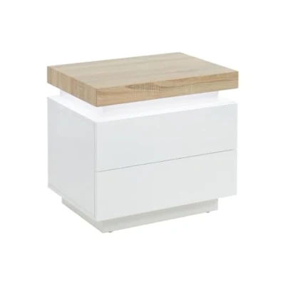 Image de Vente unique Table de Chevet Halo II 2 tiroirs MDF Laqué avec LEDs Coloris : Blanc et chêne
