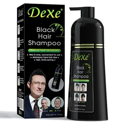 Image de Dexe Shampoing cheveux noirs 400 ML, teinture assombrissante instantanée pour hommes et femmes, couleur noire, facile à utiliser, dure 30 jours, ingrédients naturels action rapide