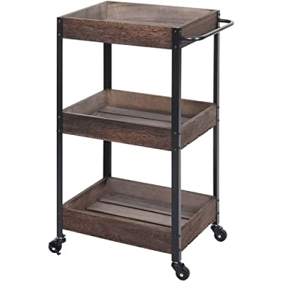 Image de Décoshop26 Chariot de Service Cuisine Bar avec 3 Niveaux étagères sur roulettes en Bois Massif Shabby Marron ETA04057