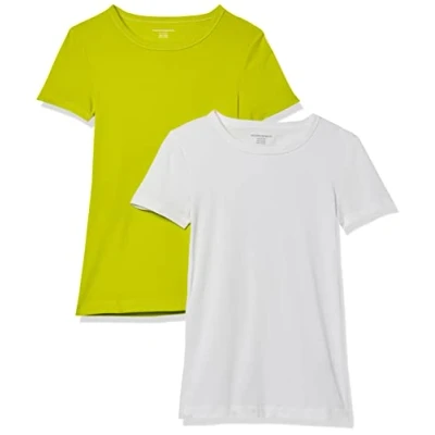 Image de Amazon Essentials T Shirt Col Rond à Manches Courtes Coupe Ajustée Femme, Lot de 2, Blanc/Vert Citron, XXL