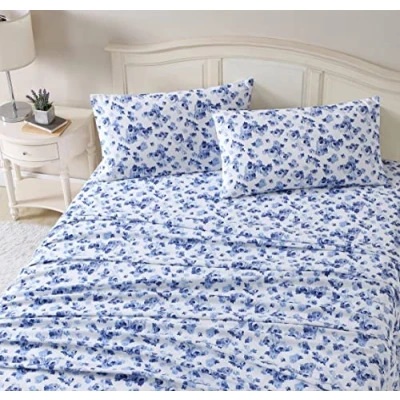 Image de Laura Ashley Ensemble de draps en Flanelle Coton brossé pour Plus Douceur et Confort (Bleu Emelisa, Grand lit)