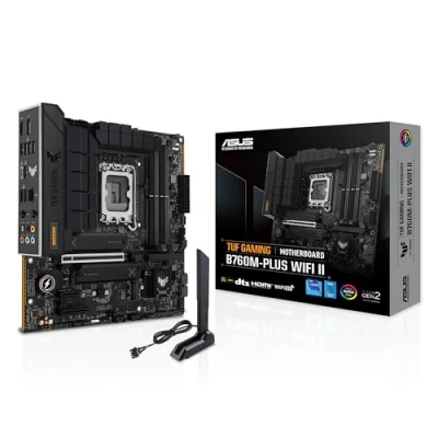 Image de ASUS TUF Gaming B760M PLUS WiFi II Carte mère Intel B760 LGA 1700 mATX (PCIe 5.0, M.2, DDR5, 6E, Antenne Q, Realtek 2,5 Go Ethernet, DP, HDMI, SATA 6 Gbps, USB Type C, Thunderbolt 4, Aura Sync)
