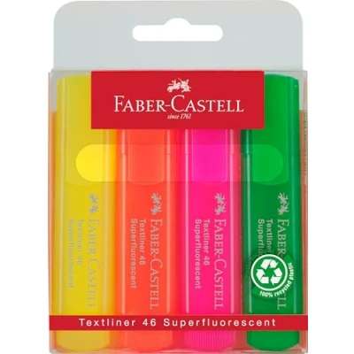 Image de Faber Castell 154604 Set de surligneurs TL 1546, étui 4 pièces, couleurs néon, pointe biseautée longue durée, largeur trait 1 5 mm, rechargeable