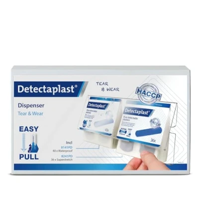 Image de Detectaplast Distributeur de Pansements Tear &amp; Wear Mix, Boîte comprenant 76 Détectables en Bleu pour la Restauration, Trousse Secours avec Sparadraps Élastiques et Résistants à l&#039;Eau