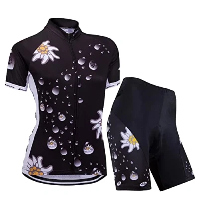 Image de Femmes Vélo Cyclisme Respirant à séchage Rapide Maillots Set, Jersey Cycle Manches Courtes Veste + 3D Coussin Rembourré Serré Shorts Pantalon (Fleur Noir, M)