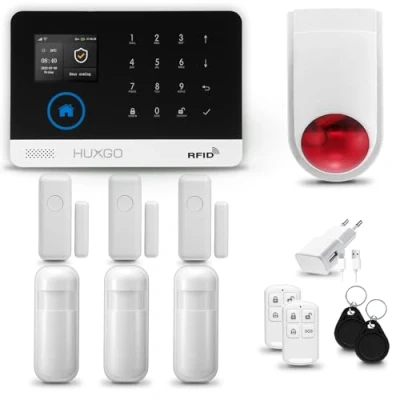 Image de HUXGO® HXA003 Alarme Maison Filaire avec Sirène sans Fil, WiFi + GSM Kit d&#039;alarme Domestique 3X détecteurs de Mouvement, capteurs Portes et fenêtres TUYA App Intelligent