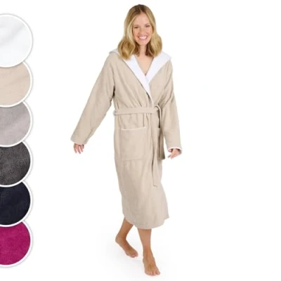 Image de Blumtal Peignoir de Bain Femme, Sortie Femme Doux et Moelleux Coton avec Capuche doublée Velours éponge, certifié Oeko TEX®, Taille M, Taupe Blanc