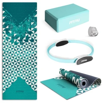 Image de Fitfiu Fitness KITWELL 400 Kit Yoga Pilates blu 4 Accessoires Qui Comprend Tapis avec Design géométrique, Brique, Anneau et Sangle, spécial pour Les séances de