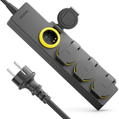 Image de deleyCON 4 Compartiments Extérieur Multiprise avec Câble de 1,4m pour Usage 4X Prises Contact Protection IP44 Résistant aux Éclaboussures Jardin Terrasse Balcon Garage