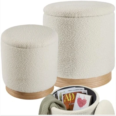 Image de TecTake® Lot de 2 Tabouret Repose Pied Pouf avec Rangement Salon en Tissu Bouclette Crème jusqu&#039;à 120 kg Design scandinave Cosy pour Coiffeuse, Salon, Chambre, Bureau, entrée
