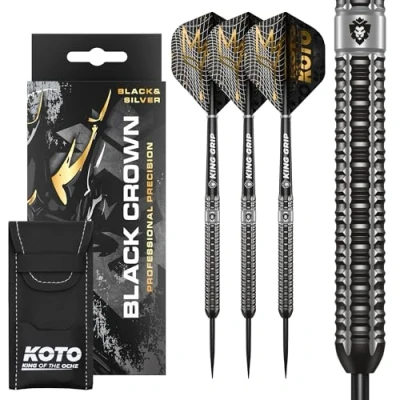 Image de KOTO Black Crown 90 % Darts 30 grammes, noir et argent, jeu de fléchettes avec 3 barils, flights + shafts étui pour