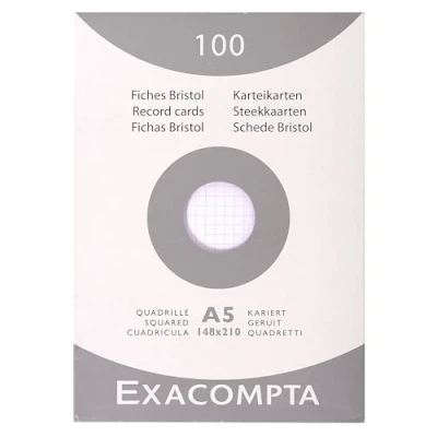Image de Exacompta Réf. 13208E Carton de 10 étuis 100 fiches bristol quadrillées 5x5 non perforées format 148 x 210 mm compatibles avec imprimante jet d&#039;encre, laser et photocopieur couleur blanc