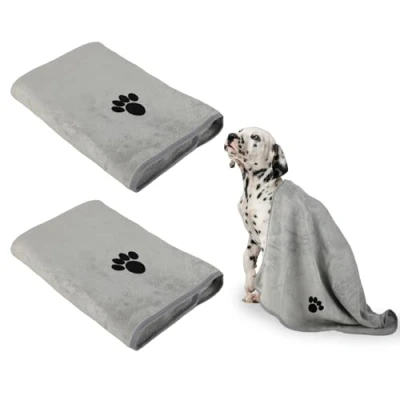 Image de Lot de 2 Serviettes pour Chien, 100 x 50 cm, en Microfibre Super absorbantes Animaux Compagnie, Accessoires Bain Serviette Sechage Rapide