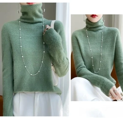 Image de KEYULI Pull Angora à col roulé en Cachemire pour Femme,Pull Chaud et Ample mélange de Cachemire,Pull Tricot Solide Femme avec Collier (Turquoise,L (55 60kg))