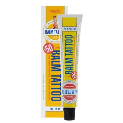 Image de Balm Tattoo Crème Solaire pour Tatouages 75 Haute Protection UVA + UVB SPF 50+ Hydrate et Régénère la Peau Sans Parabens ni Colorants Usage Cutané 30 gr