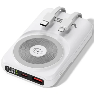 Image de Powerbank USB C [10.000mAh] Batterie Externe magnétique à Induction avec Câble Chargeur sans Fil 20W, Montre 2,5W, Charge Rapide QC 22,5W et PD Entrée Type intégrée