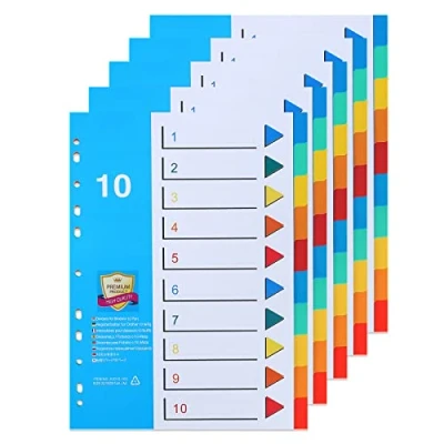 Image de (Lot de 5) A4 Intercalaires en Plastique, Feuillets 10 Positions,Intercalaires avec Onglets Multicolores,Numérotés 1