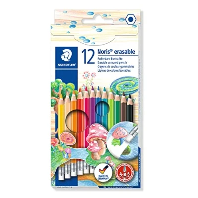 Image de Staedtler Noris Erasable, Crayons de couleur gommables avec système anti casse, Mine douce 3 mm, Étui carton 12 couleurs vives différentes, 144 50NC12