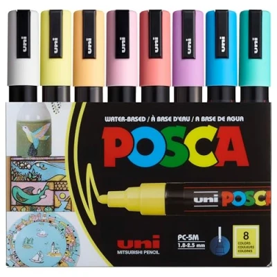 Image de posca Lot de 8 marqueurs peinture moyenne 5M Tons doux Blanc, jaune soleil, abricot, rose clair, corail, lavande, bleu vert aqua