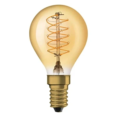 Image de OSRAM Vintage 1906 gold tinted LED lamp, 3.4W, 250lm, classic round shape (Classic P) with E14 base, warm white light, spiral filament, dimmable, life of up to 15,000 hours