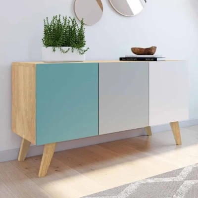 Image de Buffet scandinave 3 portes bleu, gris et blanc