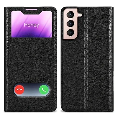 Image de Cadorabo Housse Compatible avec Samsung Galaxy S21 5G en Noir COMÈTE Coque de Protection Fermeture magnétique, Fonction Support et 2 fenêtres visualisation