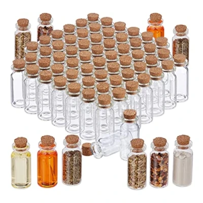 Image de Relaxdays Mini Bouteilles avec Bouchon de liège, Lot 144, Petite Bouteille en Verre, 10 ML, Flacon déco, Transparent