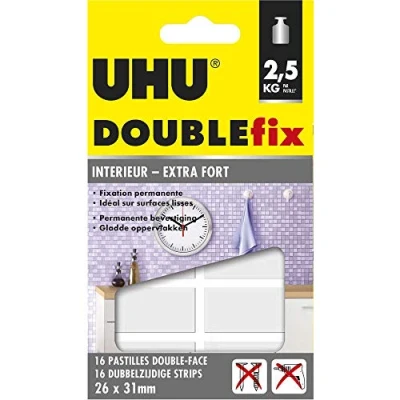 Image de UHU Doublefix intérieur invisible extra fort pastilles adhésives double face, ultra puissant, transparent, 16