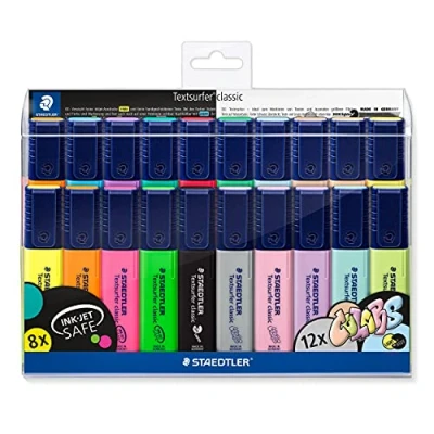 Image de Staedtler Textsurfer Classic, surligneurs de haute qualité fluorescents et pastel, Pointe biseau 1 à 4 mm, Étui plastique avec 20 assortis, 364 WP20