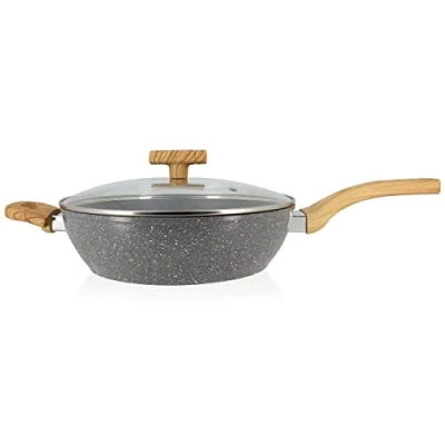 Image de MENASTYL Sauteuse en aluminium forgé avec couvercle 28cm et poignée effet bois clair 6020040