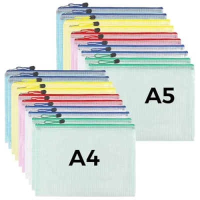 Image de Pochette Document Zippée A4,A5, 20PCS PVC Transparentes Dossier,Pochette Plastique 5 Couleurs,Ranger Papiers petits Objets des Fournitures,Cosmétiques et Accessoires de Voyage etc