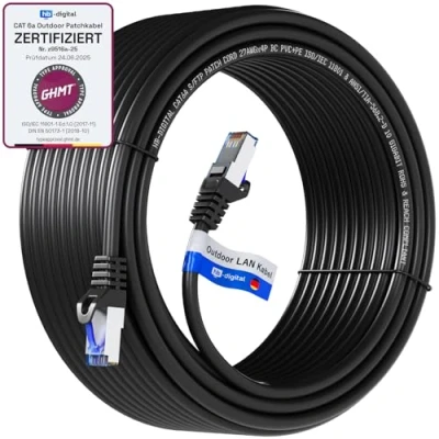 Image de hb digital 60m Cable Ethernet CAT6a Câble Réseau Extérieur Intérieur Connecteur RJ45 Certifié GHMT S/FTP PIMF 10Gbit/s AWG26 IP66 Résistant à la poussière/à l&#039;eau/à l&#039;huile/protégé contre UV Noir