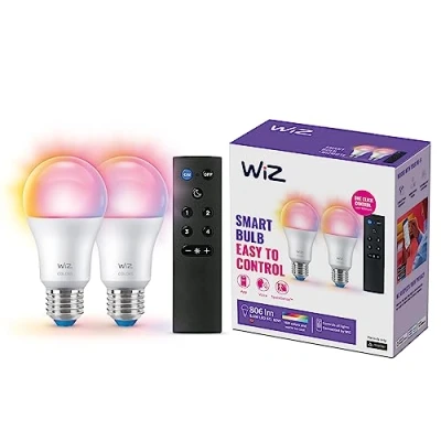 Image de WiZ, kit 2 ampoules connectées E27 Wi Fi + télécommande, équivalent 60W, fonctionne avec Alexa, Google Assistant