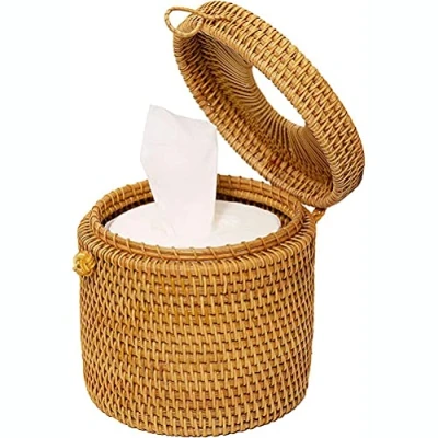 Image de ZHOUJIE Porte mouchoirs, Couvercle de Boîte à mouchoirs en rotin Osier Rond Distributeur Rechargeables décorative