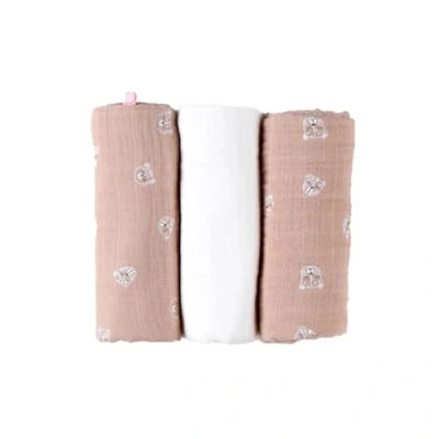 Image de NOUKIE&#039;S Lot de 3 Langes Mix&amp;Match Mousseline Bio Ecru/Rose Motifs Félins