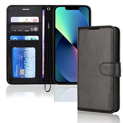 Image de TECHGEAR Etui iPhone 14 Plus Portefeuille Housse en Cuir avec Rabat de Protection, Fentes pour Cartes, Béquille et Dragonne, PU Noir Compatible 6.7&quot;