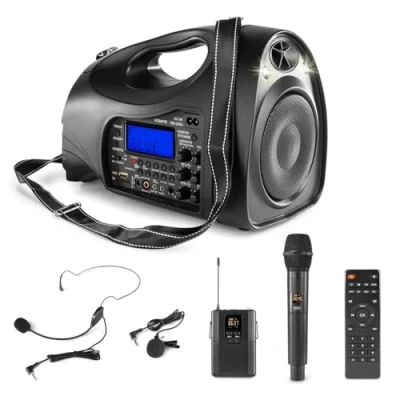 Image de Vonyx ST016 Système Haut Parleur Amplifié Batterie avec Micro Main, Cravate et Serre Tête, 130 Watts Max, Récepteur Bluetooth, Télécommande Incluse, Idéal pour Présentations