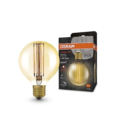 Image de OSRAM Lampe à LED Vintage 1906 avec teinte dorée, 8,8 W, 806lm, forme billes 80 mm de diamètre et prise E27, couleur lumière blanche chaude, filament droit, dimmable durée vie