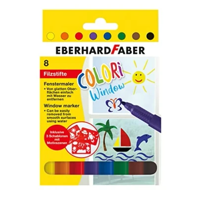 Image de Eberhard Faber 550022 Colori Window Marker en 8 couleurs, crayons de fenêtre avec 3 pochoirs, feutres un trait couleur doux, dans étui carton