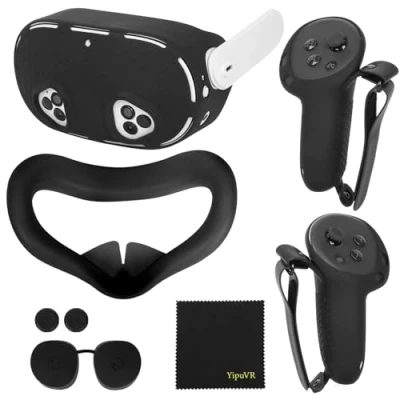 Image de Kit d&#039;accessoires VR 5 en 1 pour MetaQuest 3S, de protection Silicone compatible avec Quest 3S Controller Grip Cover, Shell Protective Lens Face Pad, Joystick Caps